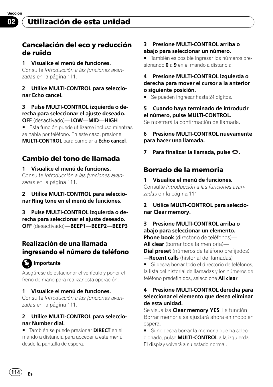 Cancelación del eco y reducción de, Ruido, Cambio del tono de llamada 114 | Realización de una llamada ingresando, El número de teléfono, Borrado de la memoria 114, Utilización de esta unidad, Cancelación del eco y reducción de ruido, Cambio del tono de llamada | Pioneer DEH-P800BT User Manual | Page 114 / 148