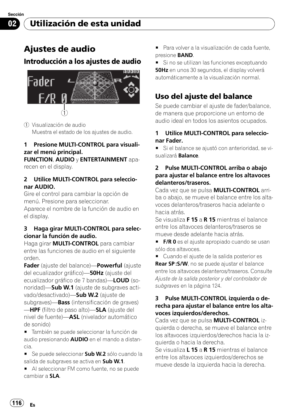 Ajustes de audio, Introducción a los ajustes de, Audio | Uso del ajuste del balance 116, Utilización de esta unidad, Introducción a los ajustes de audio, Uso del ajuste del balance | Pioneer DEH-P800BT User Manual | Page 116 / 148