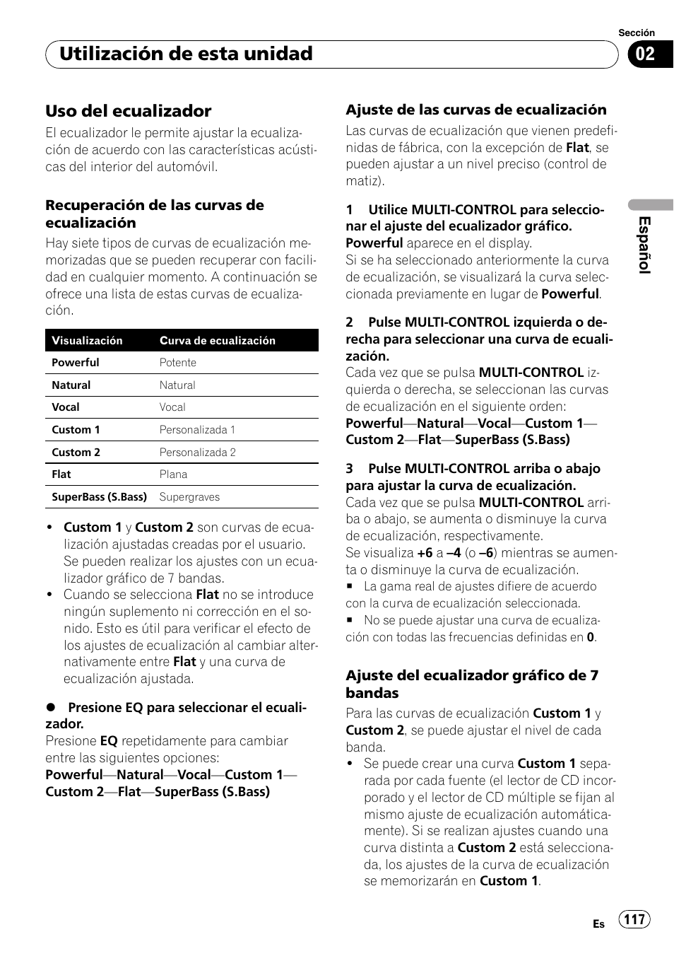 Uso del ecualizador 117, Utilización de esta unidad, Uso del ecualizador | Pioneer DEH-P800BT User Manual | Page 117 / 148