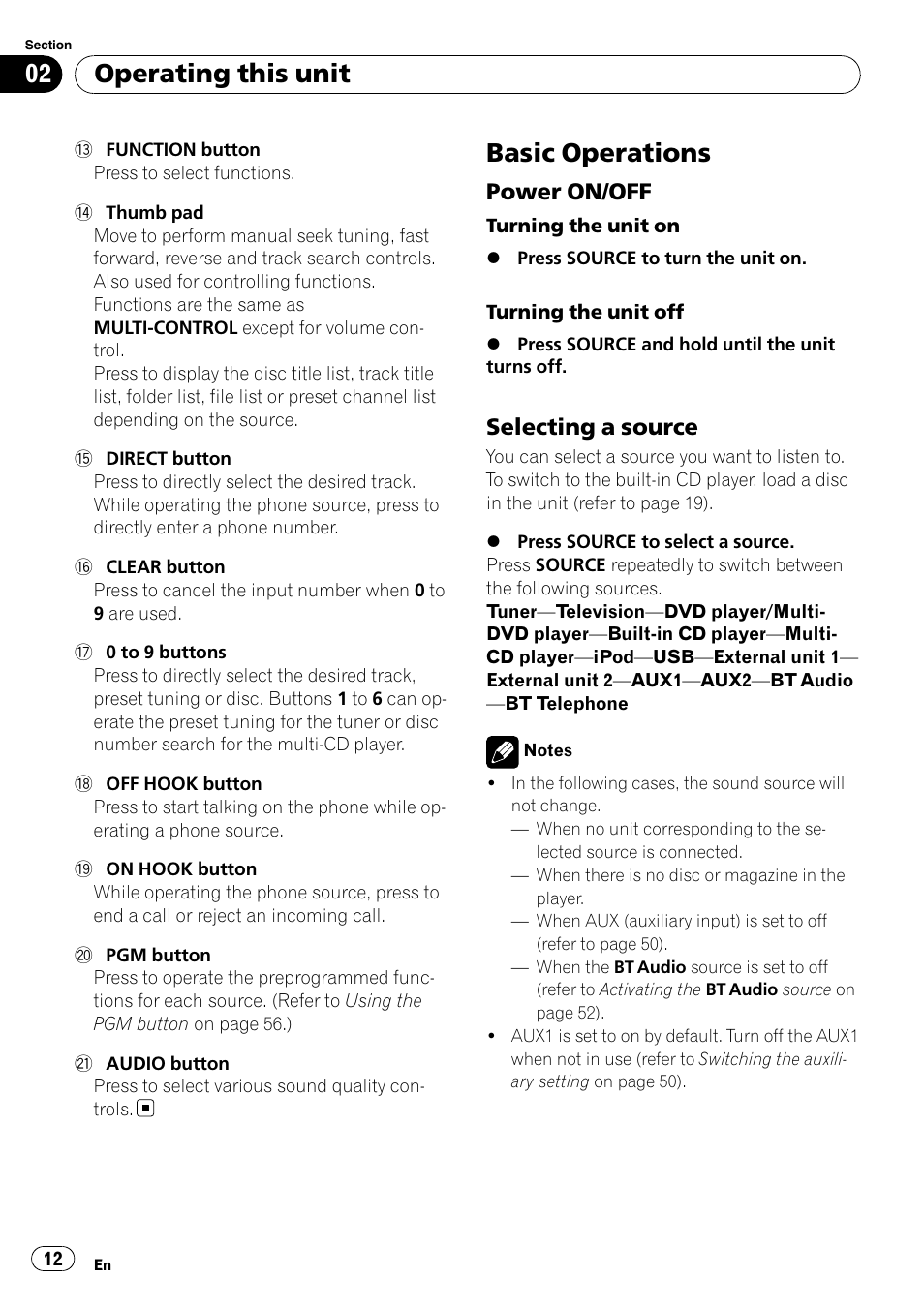 Basic operations, Power on/off 12, Selecting a source 12 | Operating this unit, Power on/off, Selecting a source | Pioneer DEH-P800BT User Manual | Page 12 / 148