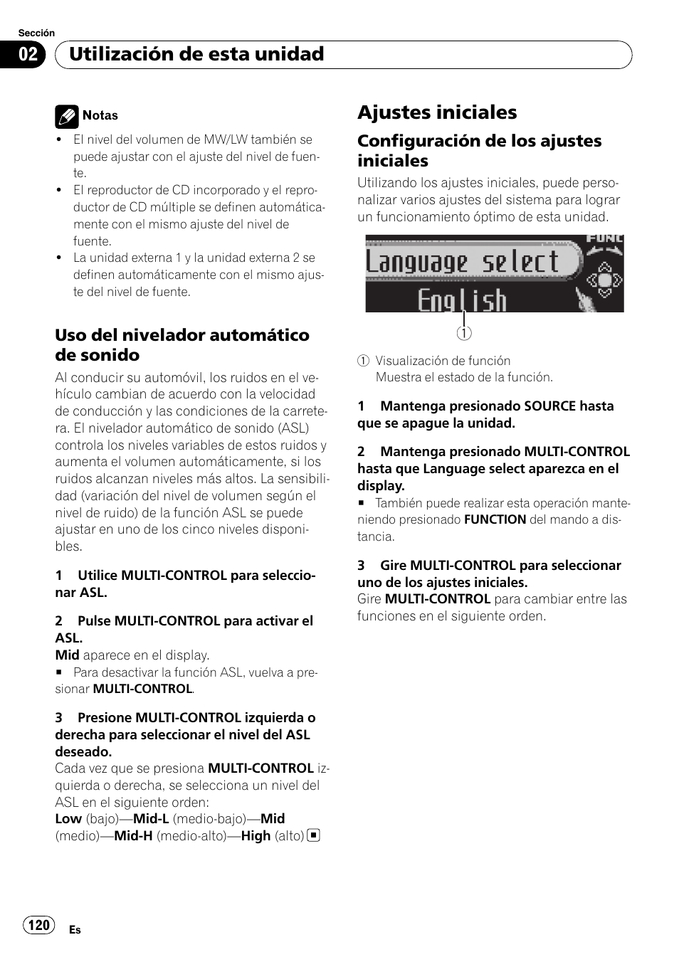 Uso del nivelador automático de, Sonido, Ajustes iniciales | Configuración de los ajustes, Iniciales, Utilización de esta unidad, Uso del nivelador automático de sonido, Configuración de los ajustes iniciales | Pioneer DEH-P800BT User Manual | Page 120 / 148