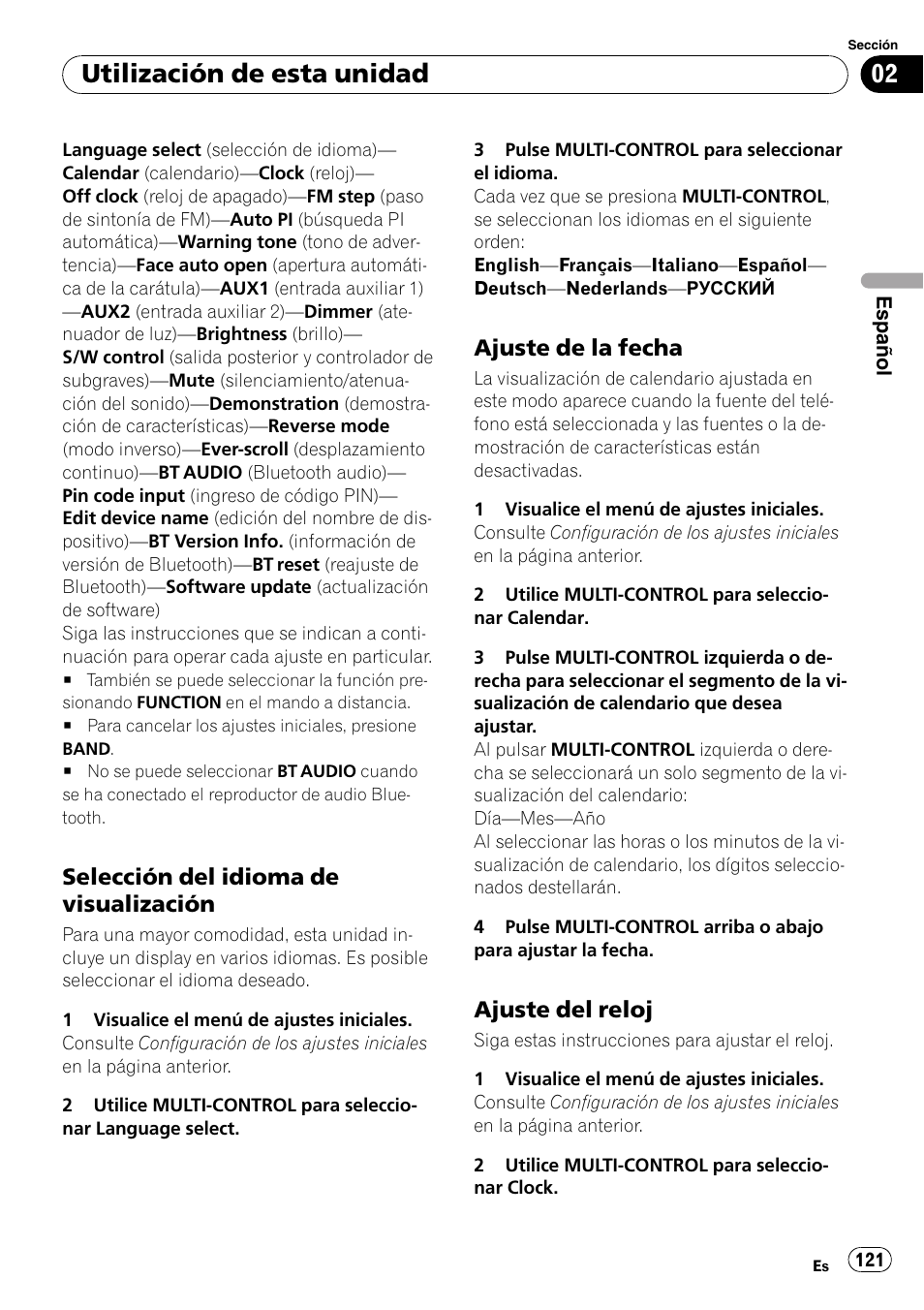 Selección del idioma de, Visualización, Ajuste de la fecha 121 | Ajuste del reloj 121, Utilización de esta unidad, Selección del idioma de visualización, Ajuste de la fecha, Ajuste del reloj | Pioneer DEH-P800BT User Manual | Page 121 / 148