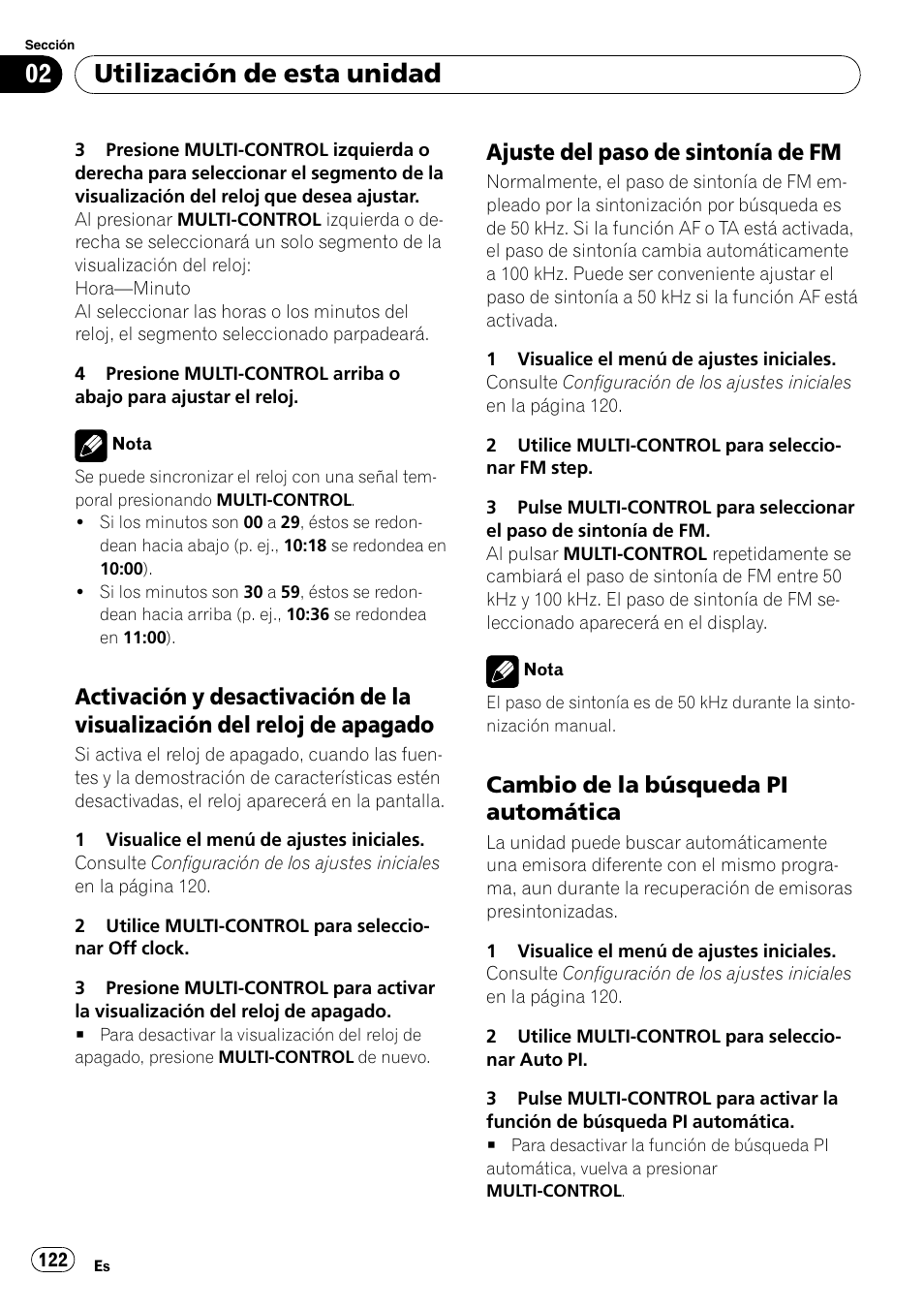 Activación y desactivación de la, Visualización del reloj de apagado, Ajuste del paso de sintonía de fm 122 | Cambio de la búsqueda pi, Automática, Utilización de esta unidad, Ajuste del paso de sintonía de fm, Cambio de la búsqueda pi automática | Pioneer DEH-P800BT User Manual | Page 122 / 148