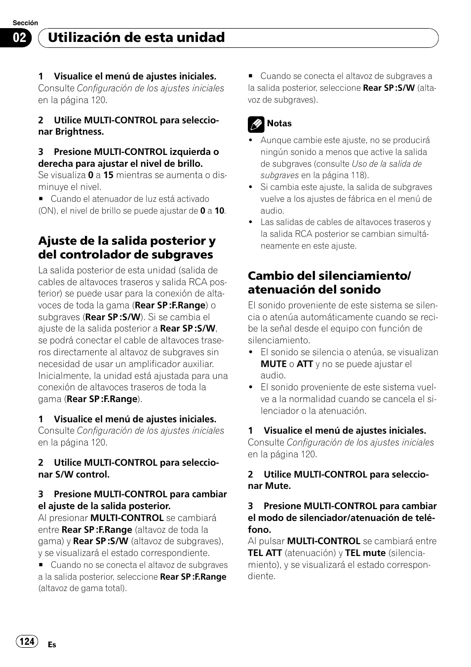 Ajuste de la salida posterior y del, Controlador de subgraves, Cambio del silenciamiento/atenuación | Del sonido, Utilización de esta unidad, Cambio del silenciamiento/ atenuación del sonido | Pioneer DEH-P800BT User Manual | Page 124 / 148