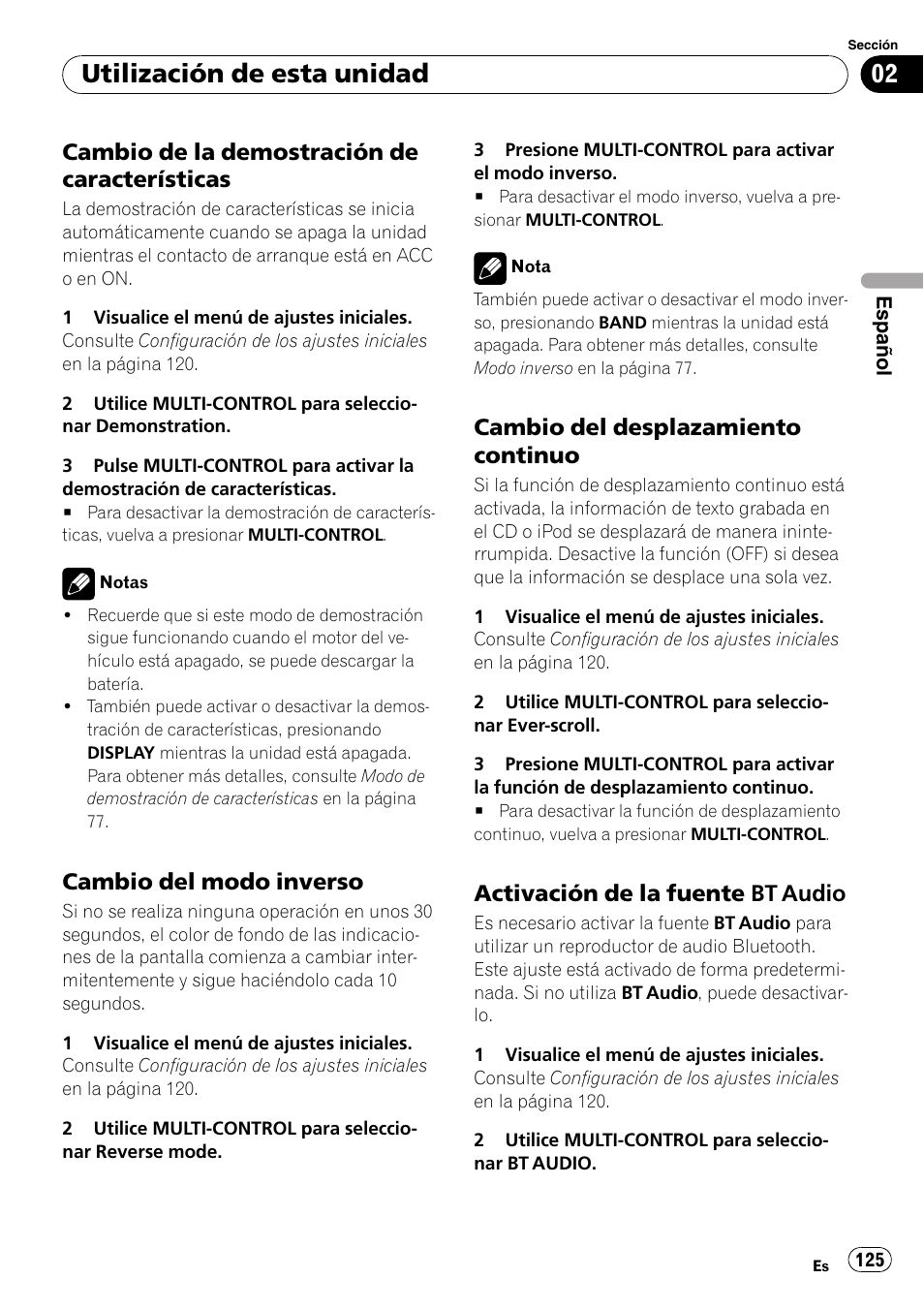 Cambio de la demostración de, Características, Cambio del modo inverso 125 | Cambio del desplazamiento, Continuo, Activación de la fuente bt audio 125, Utilización de esta unidad, Cambio de la demostración de características, Cambio del modo inverso, Cambio del desplazamiento continuo | Pioneer DEH-P800BT User Manual | Page 125 / 148