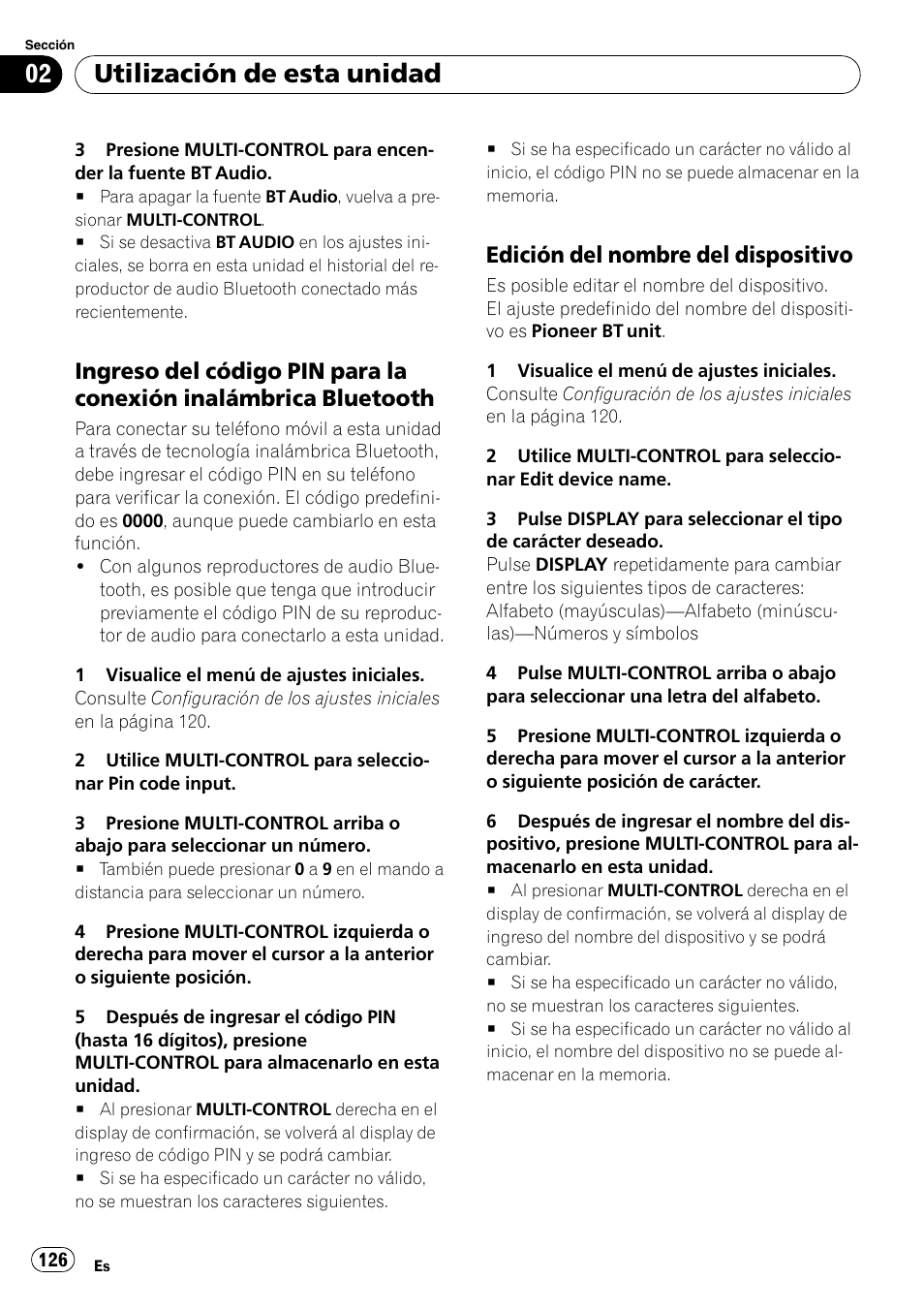 Ingreso del código pin para la, Conexión inalámbrica bluetooth, Edición del nombre del | Dispositivo, Utilización de esta unidad, Edición del nombre del dispositivo | Pioneer DEH-P800BT User Manual | Page 126 / 148