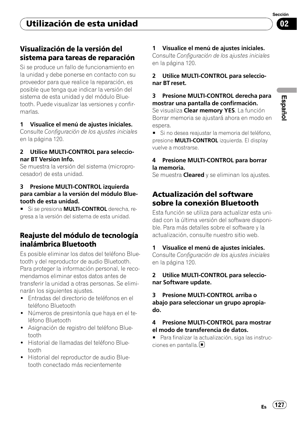 Visualización de la versión del sistema, Para tareas de reparación, Reajuste del módulo de tecnología | Inalámbrica bluetooth, Actualización del software sobre la, Conexión bluetooth, Utilización de esta unidad | Pioneer DEH-P800BT User Manual | Page 127 / 148