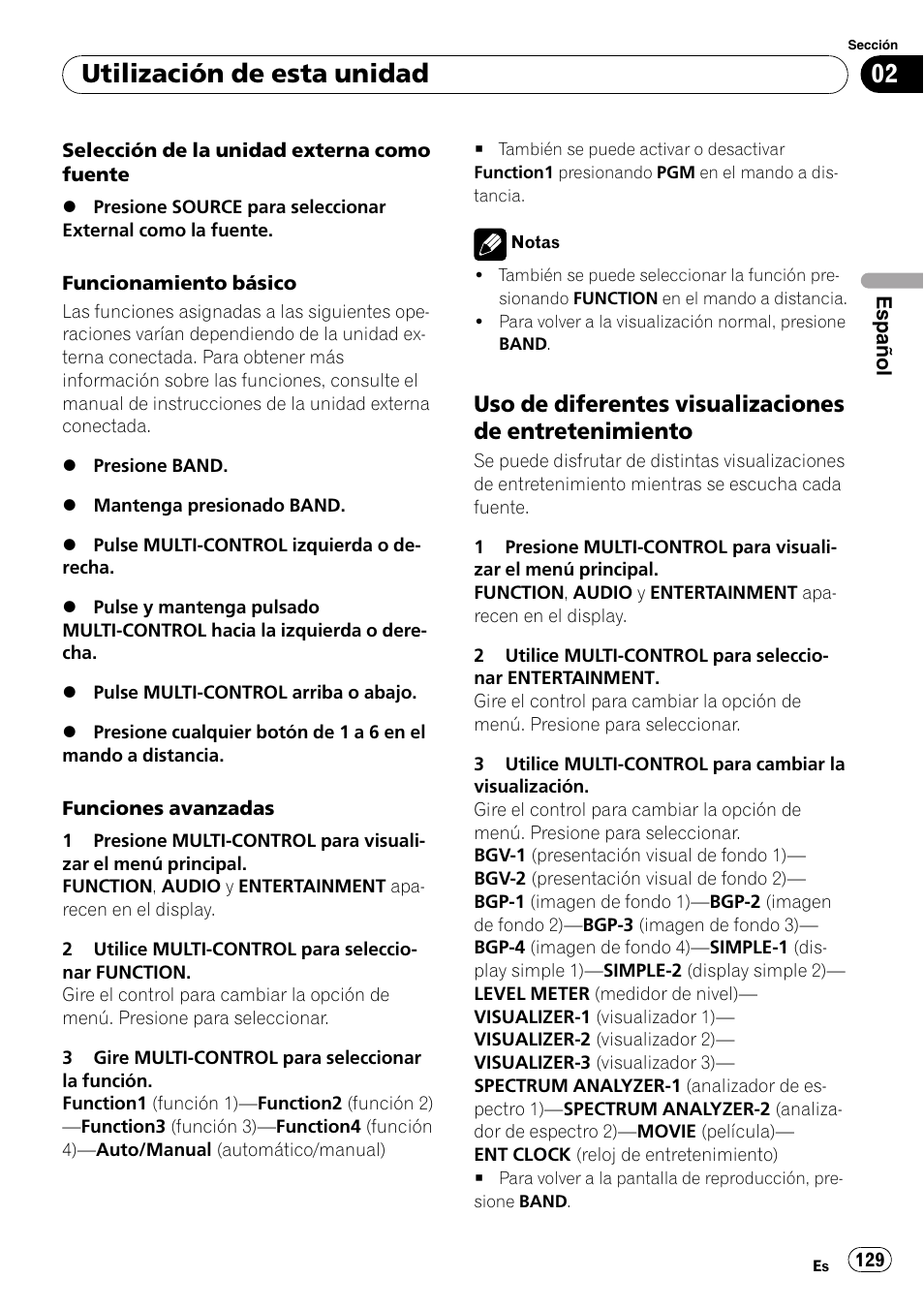 Uso de diferentes visualizaciones de, Entretenimiento, Utilización de esta unidad | Pioneer DEH-P800BT User Manual | Page 129 / 148