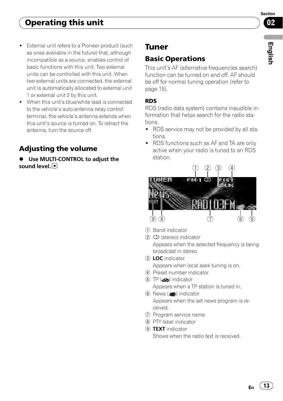 Adjusting the volume 13, Tuner, Basic operations 13 | Operating this unit, Adjusting the volume, Basic operations | Pioneer DEH-P800BT User Manual | Page 13 / 148