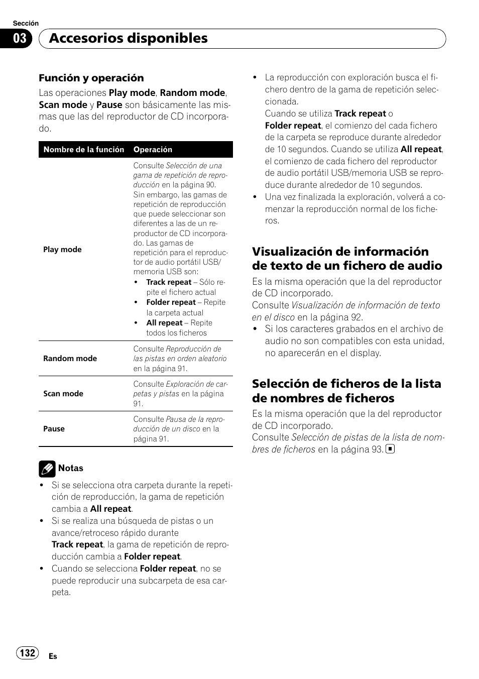 Visualización de información de texto, De un fichero de audio, Selección de ficheros de la lista de | Nombres de ficheros, Accesorios disponibles | Pioneer DEH-P800BT User Manual | Page 132 / 148