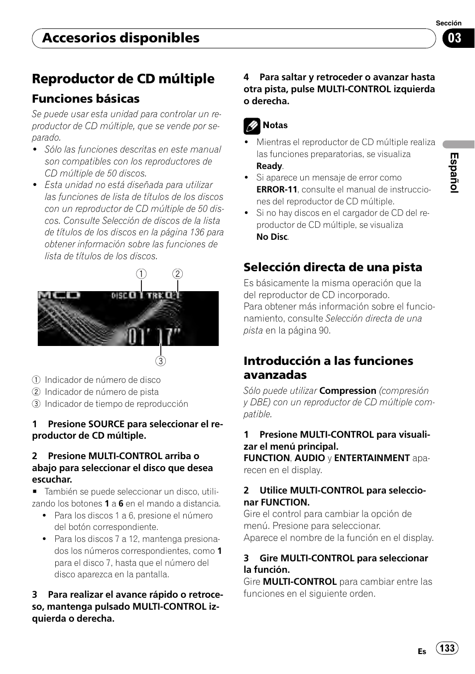 Reproductor de cd múltiple, Funciones básicas 133, Selección directa de una pista 133 | Introducción a las funciones, Avanzadas, Accesorios disponibles, Funciones básicas, Selección directa de una pista, Introducción a las funciones avanzadas | Pioneer DEH-P800BT User Manual | Page 133 / 148