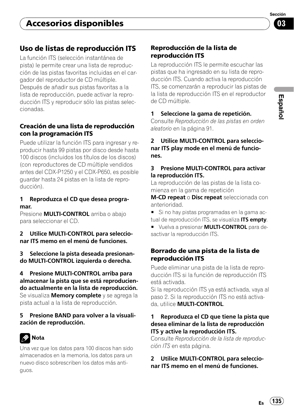 Uso de listas de reproducción its 135, Accesorios disponibles, Uso de listas de reproducción its | Pioneer DEH-P800BT User Manual | Page 135 / 148
