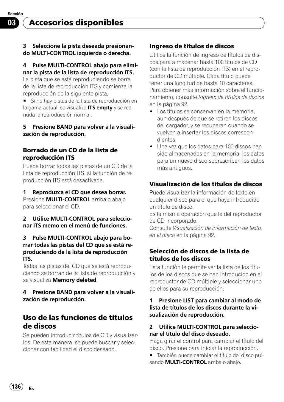 Uso de las funciones de títulos de, Discos, Accesorios disponibles | Uso de las funciones de títulos de discos | Pioneer DEH-P800BT User Manual | Page 136 / 148