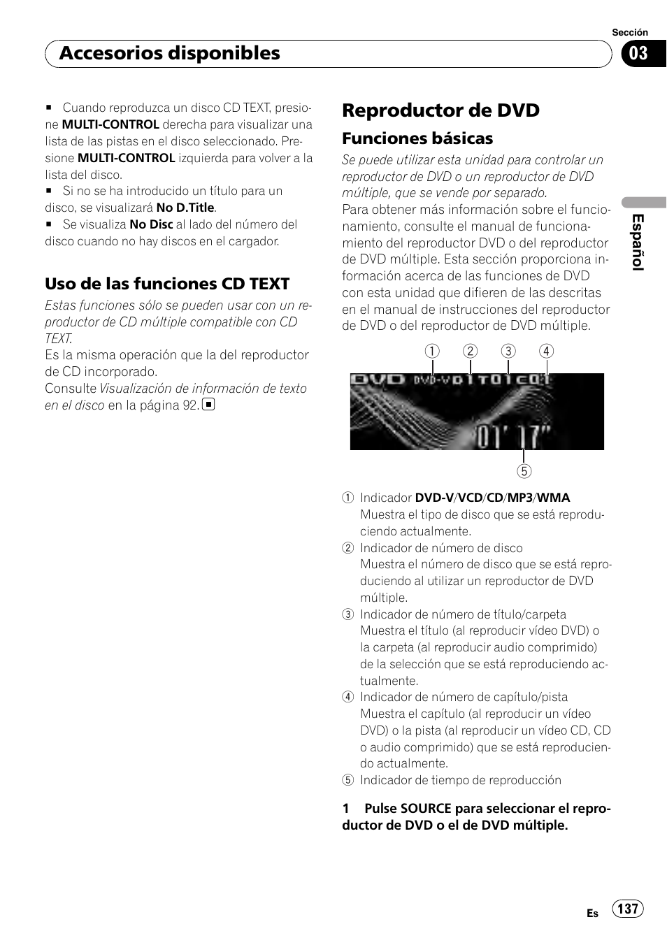 Uso de las funciones cd text 137, Reproductor de dvd, Funciones básicas 137 | Accesorios disponibles, Uso de las funciones cd text, Funciones básicas | Pioneer DEH-P800BT User Manual | Page 137 / 148
