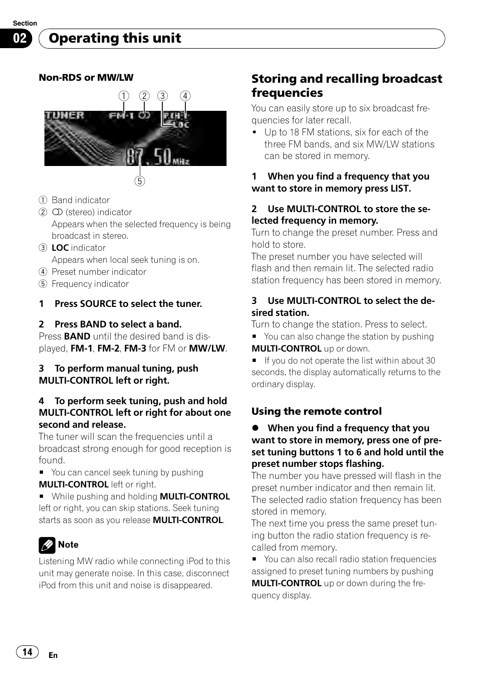 Storing and recalling broadcast, Frequencies, Operating this unit | Storing and recalling broadcast frequencies | Pioneer DEH-P800BT User Manual | Page 14 / 148