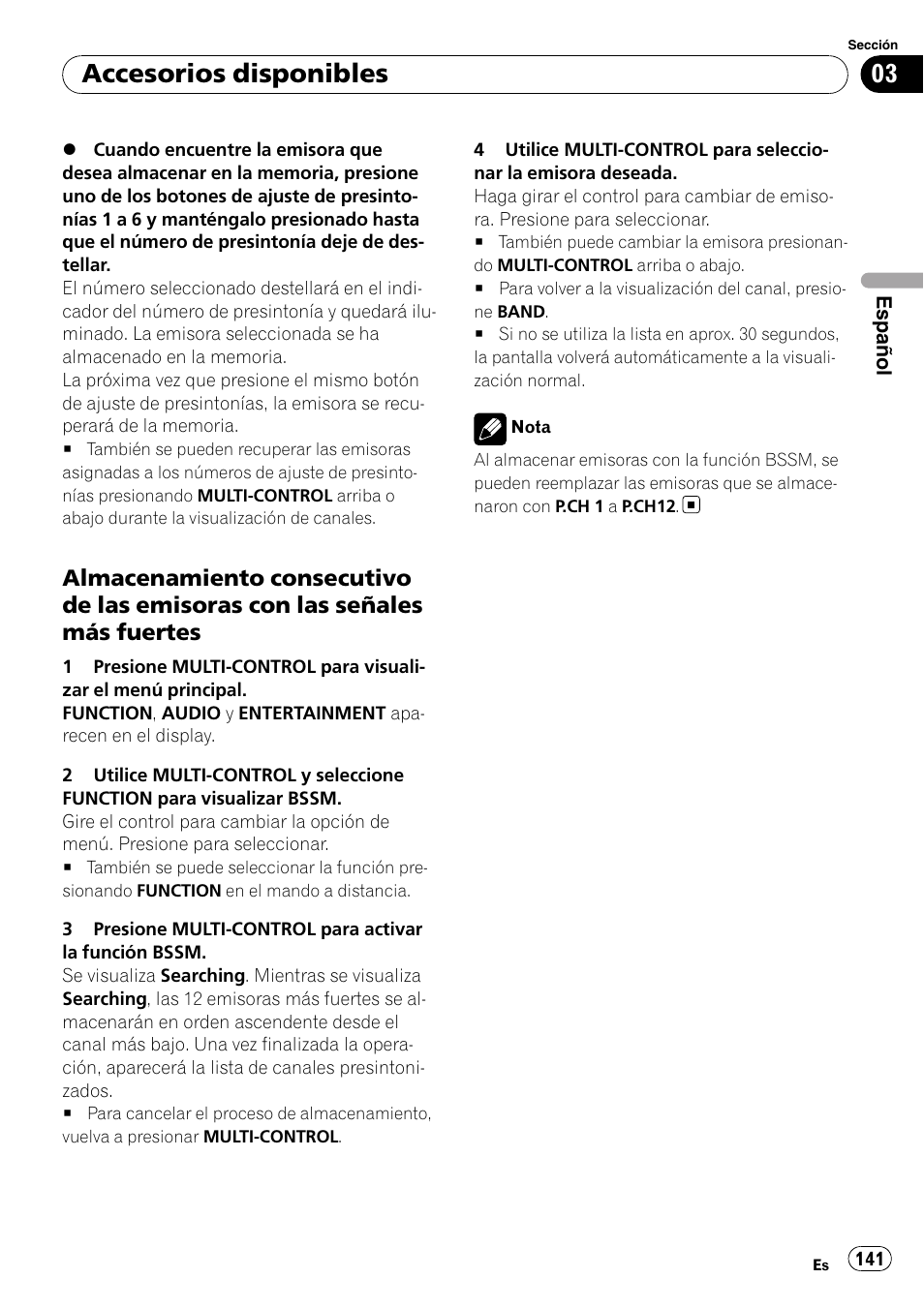 Almacenamiento consecutivo de las, Emisoras con las señales más fuertes, Accesorios disponibles | Pioneer DEH-P800BT User Manual | Page 141 / 148