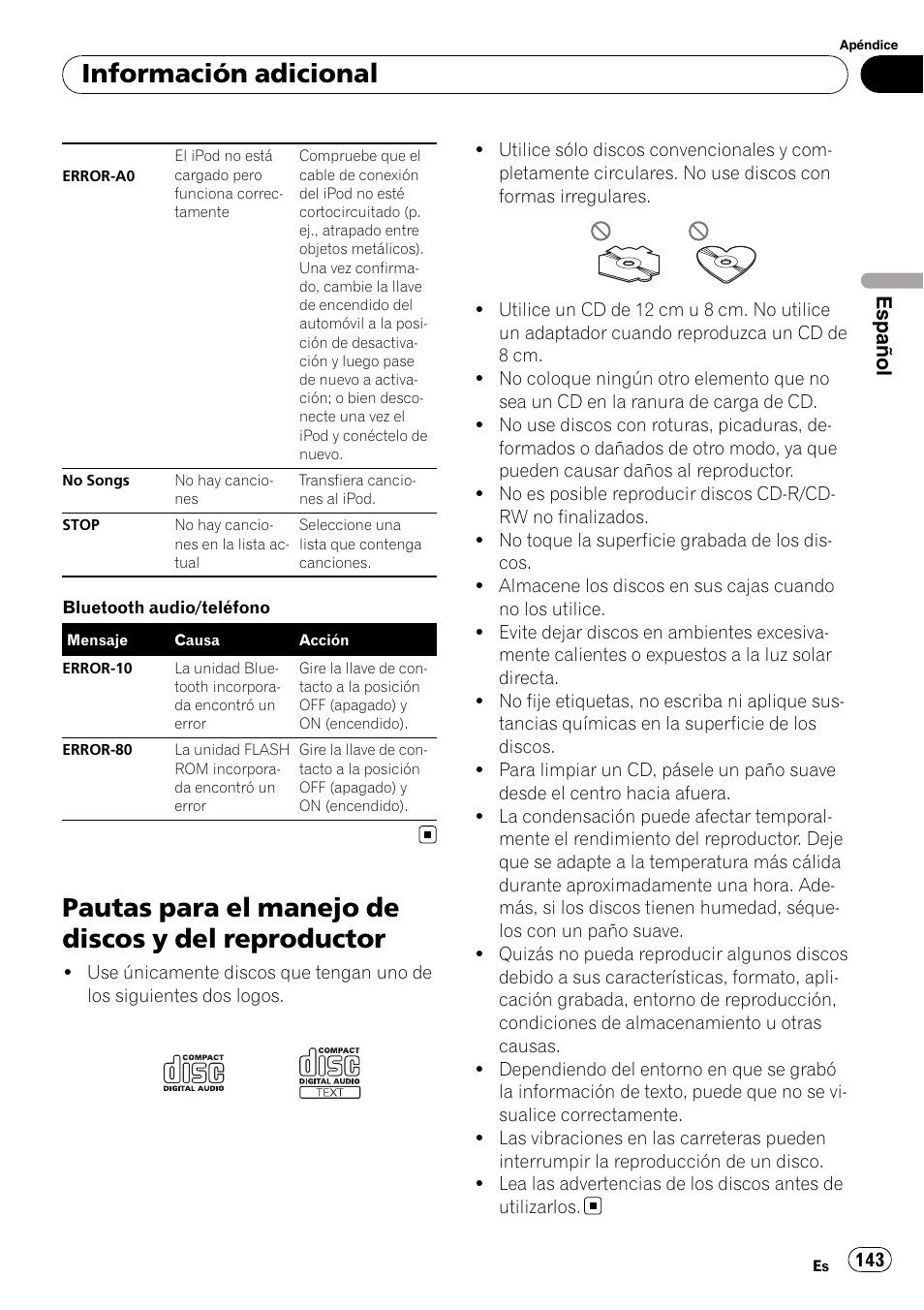 Pautas para el manejo de discos y del, Reproductor, Pautas para el manejo de discos y del reproductor | Información adicional | Pioneer DEH-P800BT User Manual | Page 143 / 148