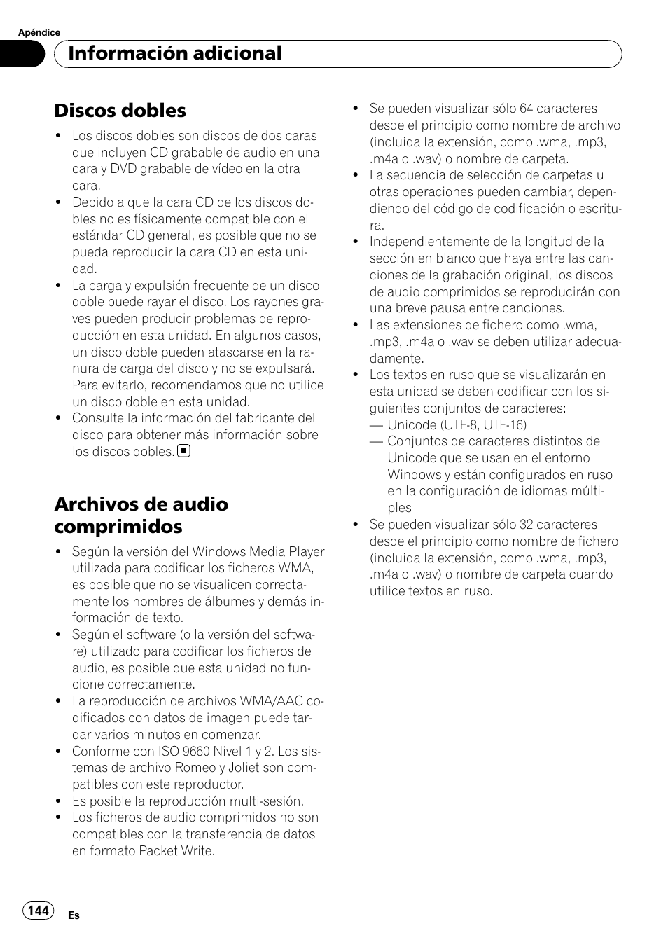 Discos dobles, Archivos de audio comprimidos, Información adicional | Pioneer DEH-P800BT User Manual | Page 144 / 148