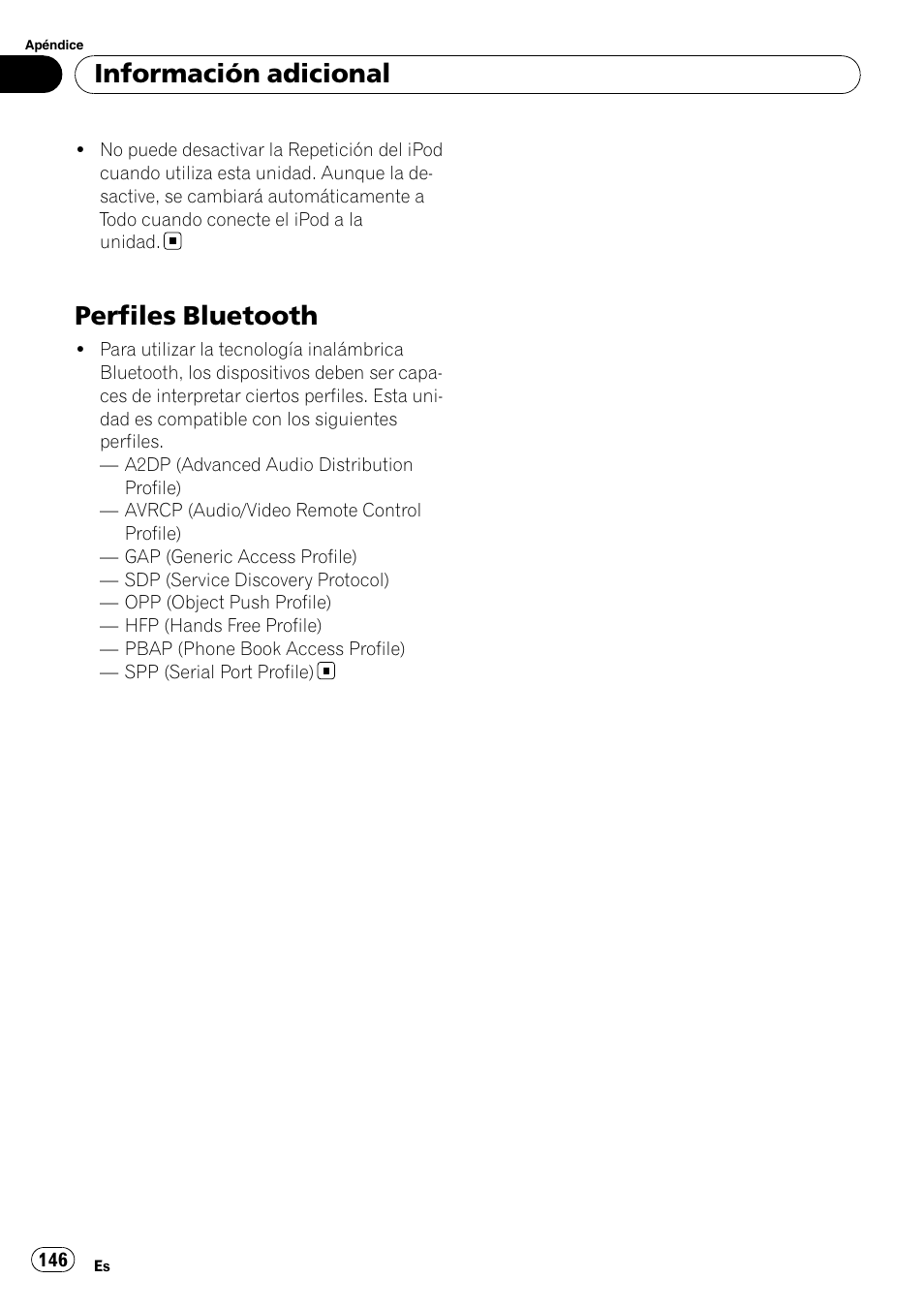 Perfiles bluetooth, Información adicional | Pioneer DEH-P800BT User Manual | Page 146 / 148