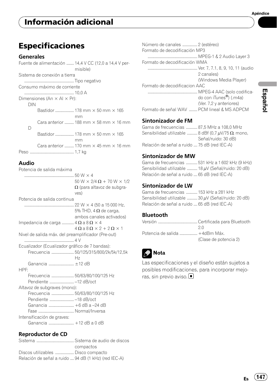 Especificaciones, Información adicional, Español | Pioneer DEH-P800BT User Manual | Page 147 / 148