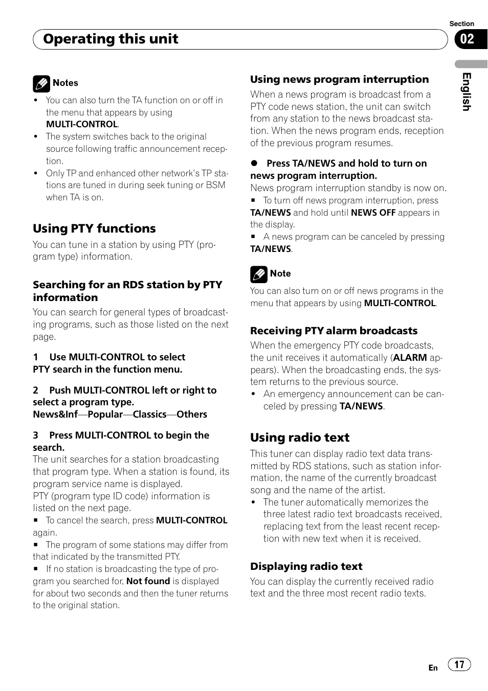 Using pty functions 17, Using radio text 17, Operating this unit | Using pty functions, Using radio text | Pioneer DEH-P800BT User Manual | Page 17 / 148