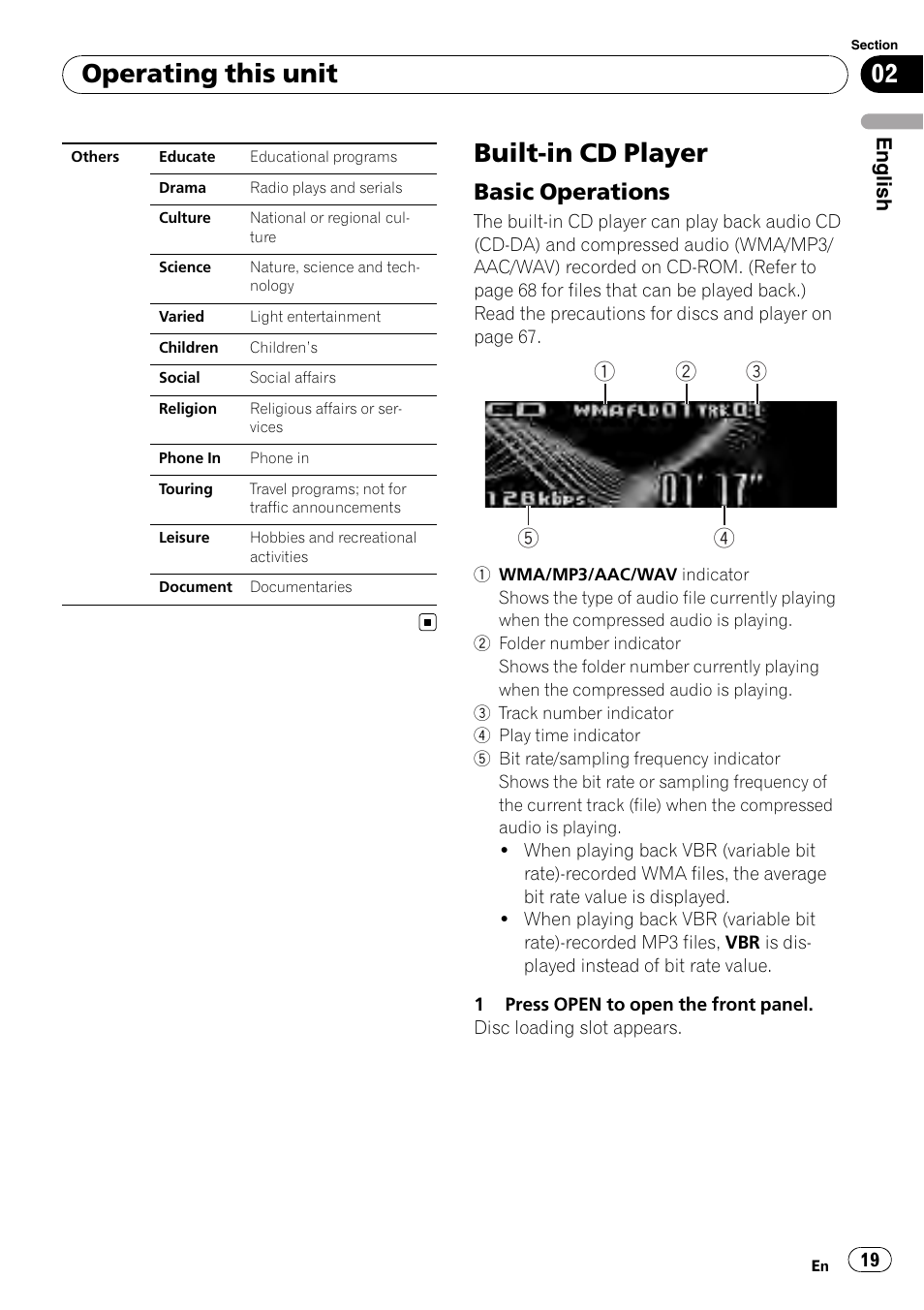 Built-in cd player, Basic operations 19, Operating this unit | Basic operations, English | Pioneer DEH-P800BT User Manual | Page 19 / 148