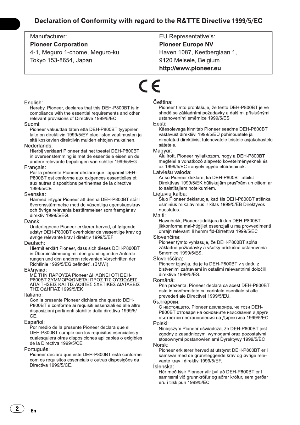 Pioneer DEH-P800BT User Manual | Page 2 / 148