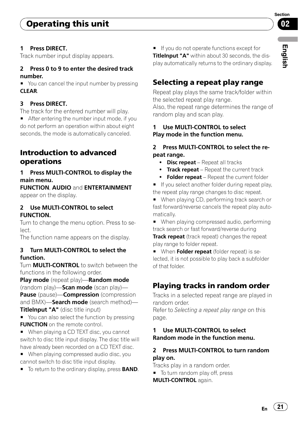 Introduction to advanced, Operations, Selecting a repeat play range 21 | Playing tracks in random order 21, Operating this unit, Introduction to advanced operations, Selecting a repeat play range, Playing tracks in random order | Pioneer DEH-P800BT User Manual | Page 21 / 148