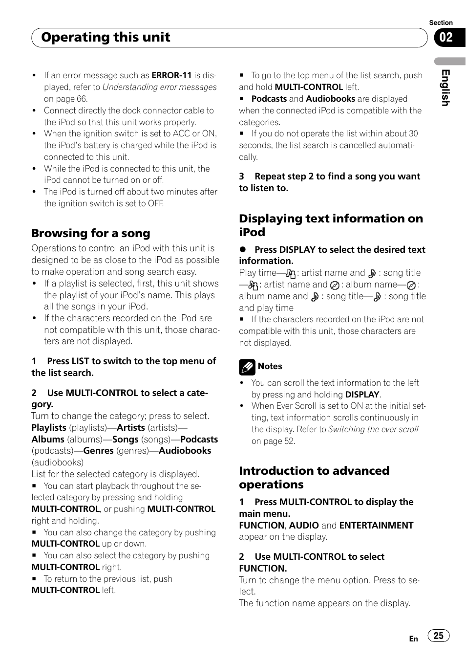 Browsing for a song 25, Displaying text information on, Ipod | Introduction to advanced, Operations, Operating this unit, Browsing for a song, Displaying text information on ipod, Introduction to advanced operations | Pioneer DEH-P800BT User Manual | Page 25 / 148