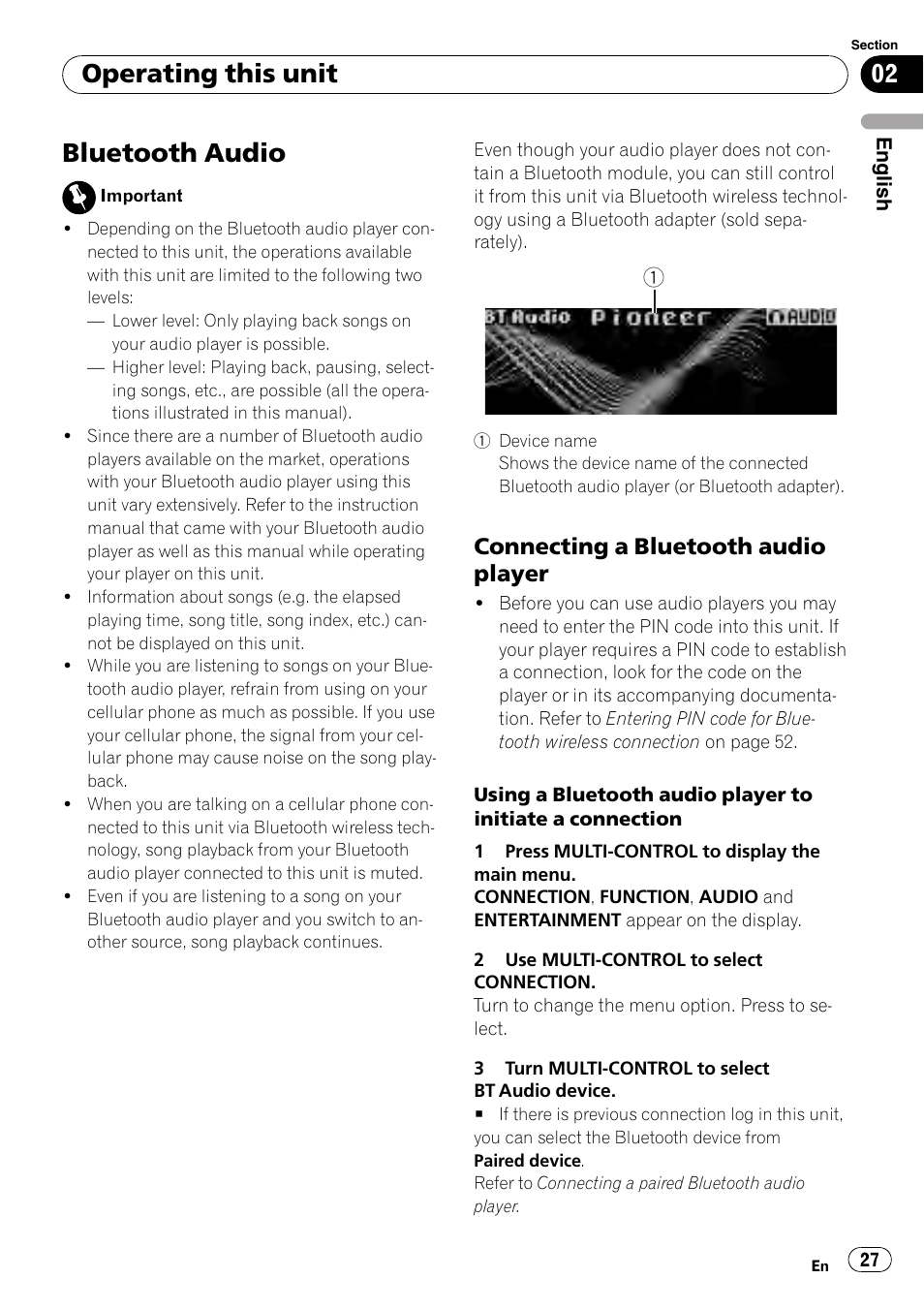 Bluetooth audio, Connecting a bluetooth audio, Player | Operating this unit, Connecting a bluetooth audio player | Pioneer DEH-P800BT User Manual | Page 27 / 148