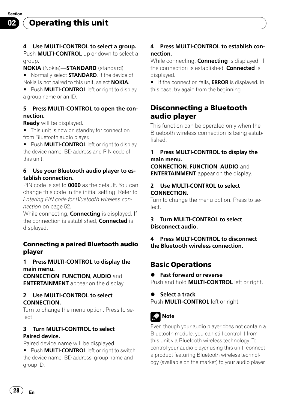 Disconnecting a bluetooth audio, Player, Basic operations 28 | Operating this unit, Disconnecting a bluetooth audio player, Basic operations | Pioneer DEH-P800BT User Manual | Page 28 / 148