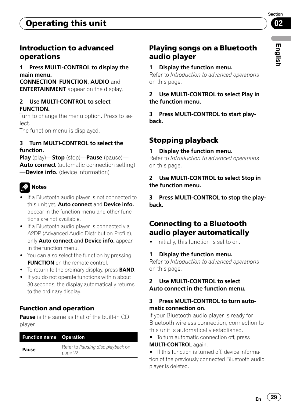 Introduction to advanced, Operations, Playing songs on a bluetooth audio | Player, Stopping playback 29, Connecting to a bluetooth audio player, Automatically, Operating this unit, Introduction to advanced operations, Playing songs on a bluetooth audio player | Pioneer DEH-P800BT User Manual | Page 29 / 148