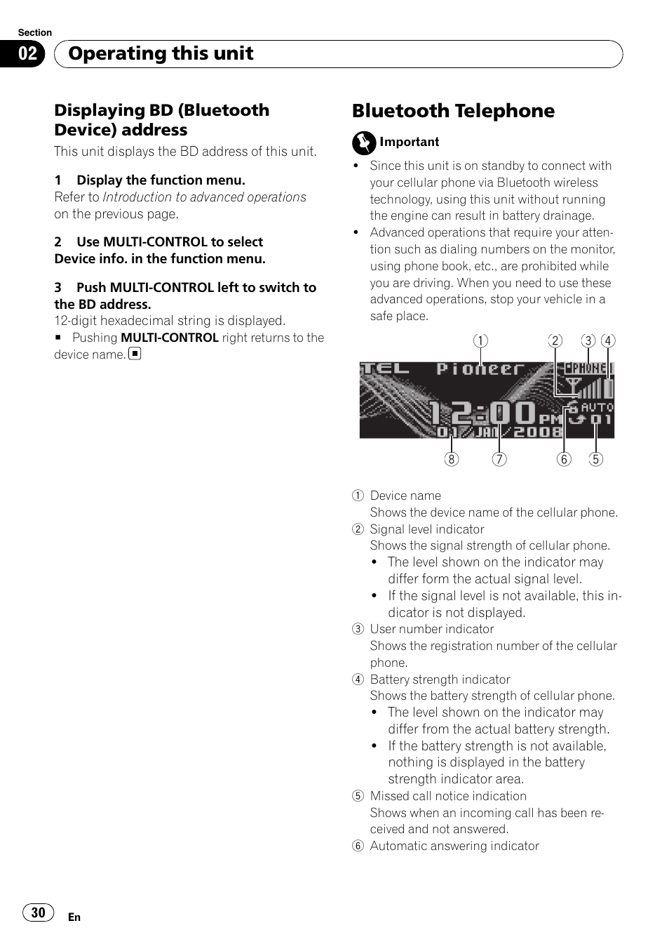 Displaying bd (bluetooth device), Address, Bluetooth telephone | Operating this unit, Displaying bd (bluetooth device) address | Pioneer DEH-P800BT User Manual | Page 30 / 148