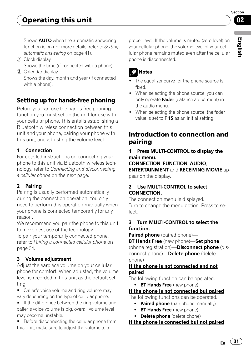 Setting up for hands-free phoning 31, Introduction to connection and, Pairing | Operating this unit, Setting up for hands-free phoning, Introduction to connection and pairing | Pioneer DEH-P800BT User Manual | Page 31 / 148