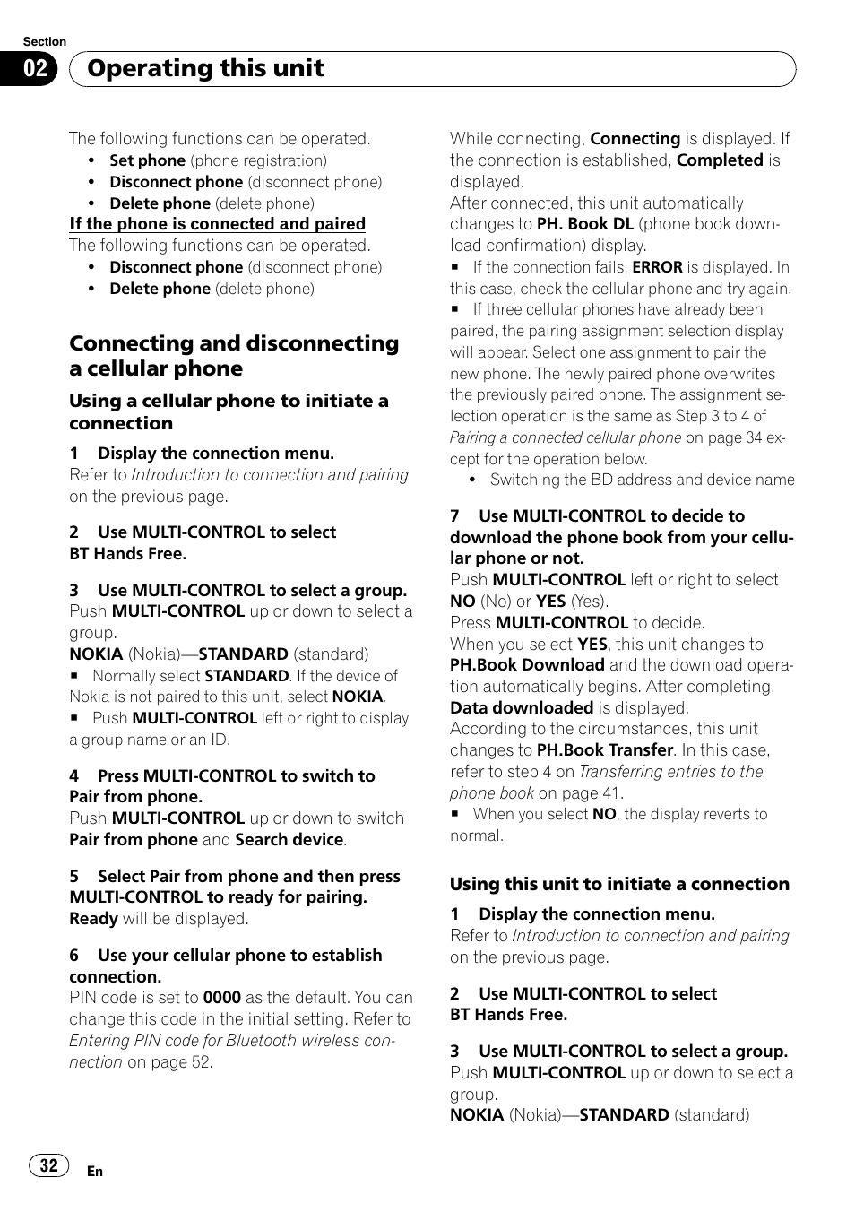 Connecting and disconnecting a, Cellular phone, Operating this unit | Connecting and disconnecting a cellular phone | Pioneer DEH-P800BT User Manual | Page 32 / 148