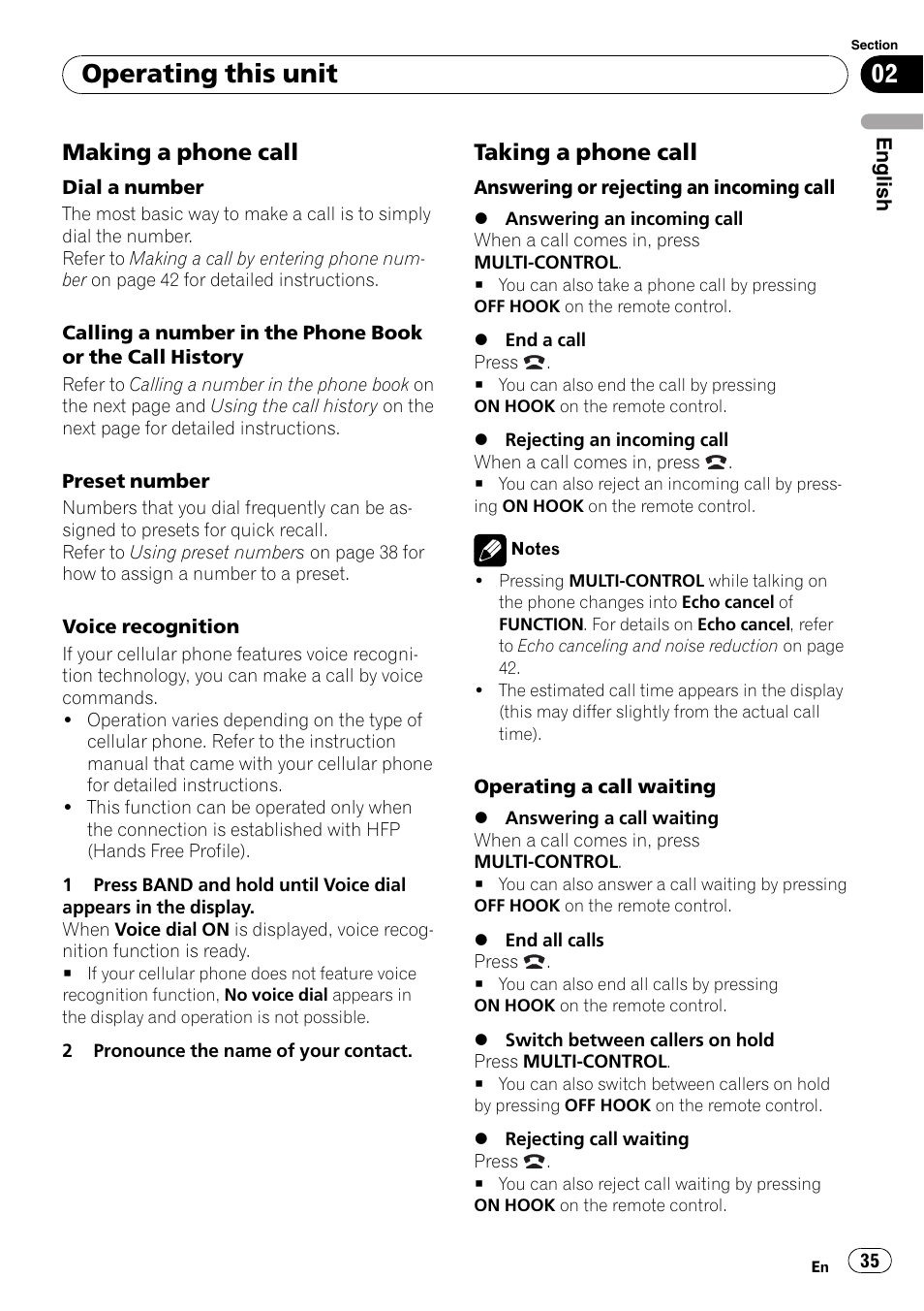Making a phone call 35, Taking a phone call 35, Operating this unit | Making a phone call, Taking a phone call | Pioneer DEH-P800BT User Manual | Page 35 / 148