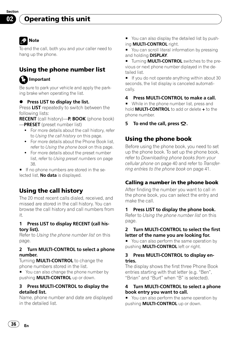Using the phone number list 36, Using the call history 36, Using the phone book 36 | Operating this unit, Using the phone number list, Using the call history, Using the phone book | Pioneer DEH-P800BT User Manual | Page 36 / 148