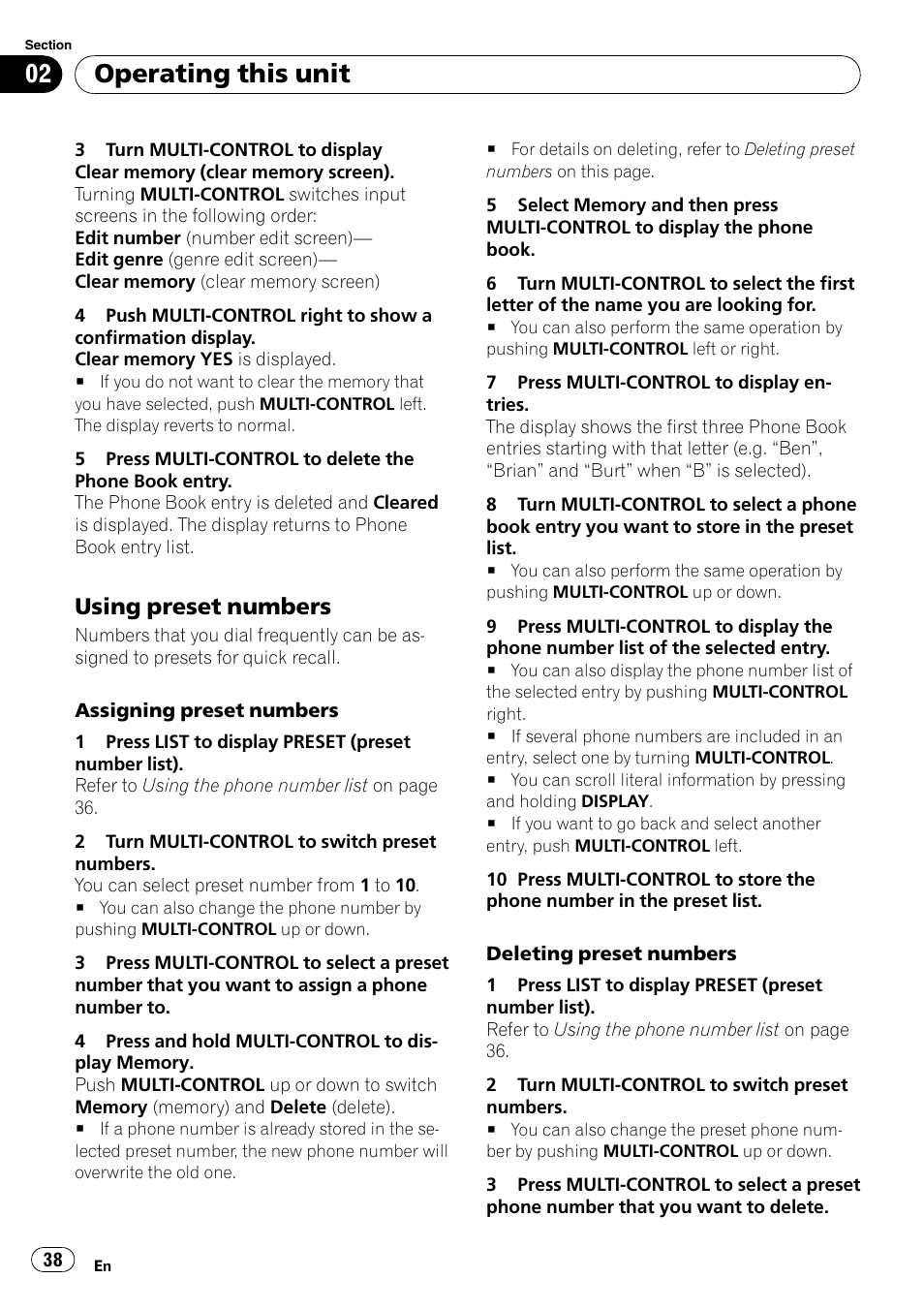 Using preset numbers 38, Operating this unit, Using preset numbers | Pioneer DEH-P800BT User Manual | Page 38 / 148
