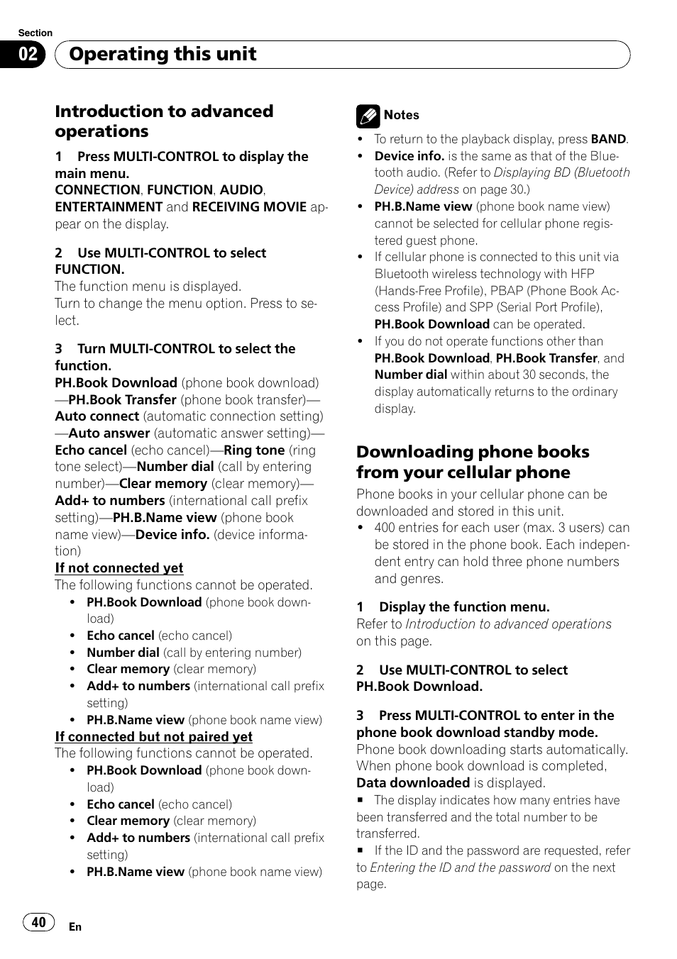 Introduction to advanced, Operations, Downloading phone books from your | Cellular phone, Operating this unit, Introduction to advanced operations, Downloading phone books from your cellular phone | Pioneer DEH-P800BT User Manual | Page 40 / 148