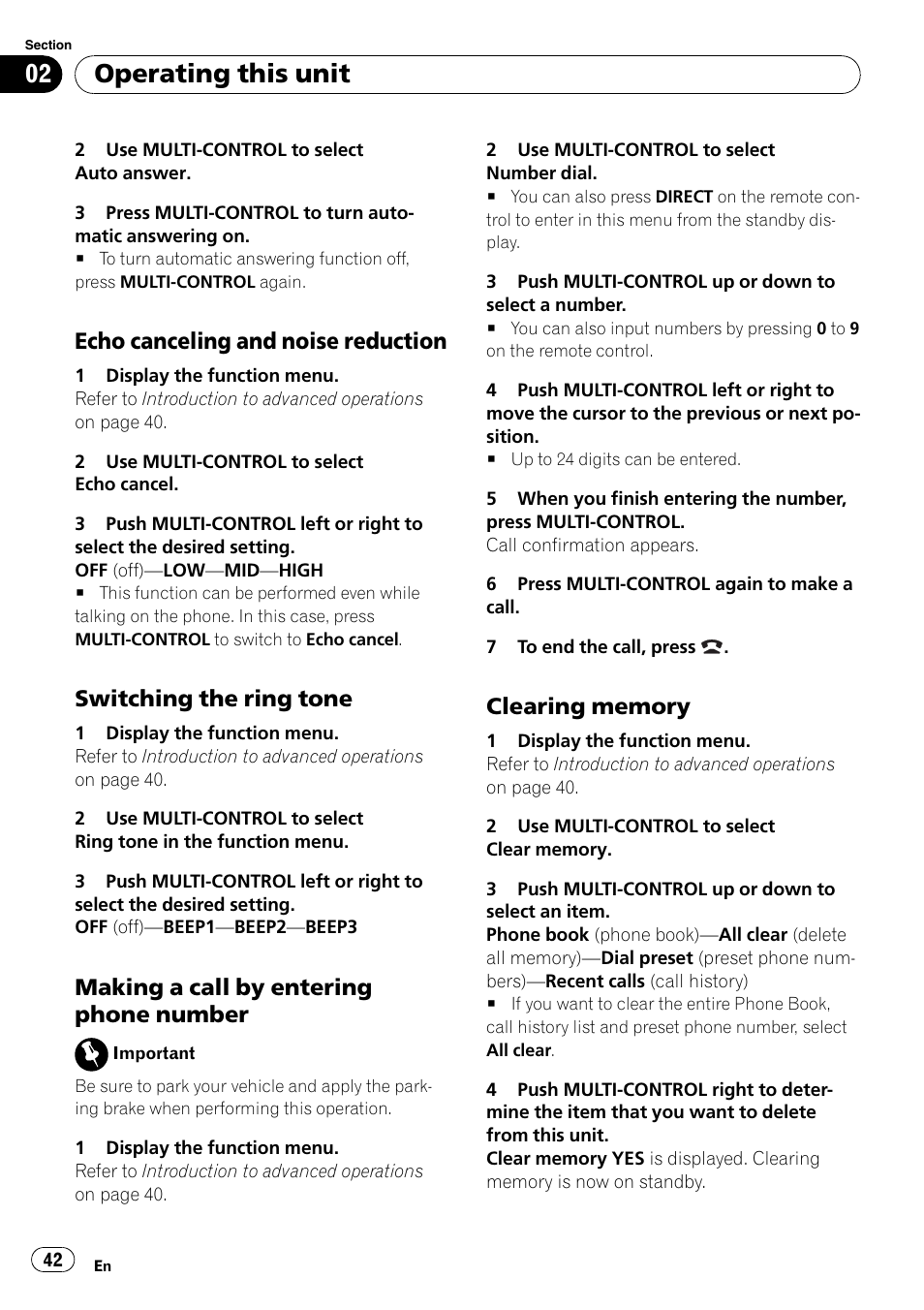Echo canceling and noise, Reduction, Switching the ring tone 42 | Making a call by entering phone, Number, Clearing memory 42, Operating this unit, Echo canceling and noise reduction, Switching the ring tone, Making a call by entering phone number | Pioneer DEH-P800BT User Manual | Page 42 / 148