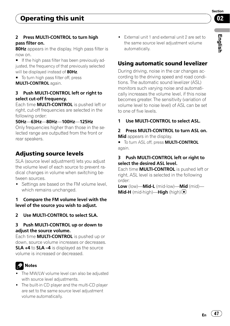 Adjusting source levels 47, Using automatic sound levelizer 47, Operating this unit | Adjusting source levels, Using automatic sound levelizer | Pioneer DEH-P800BT User Manual | Page 47 / 148