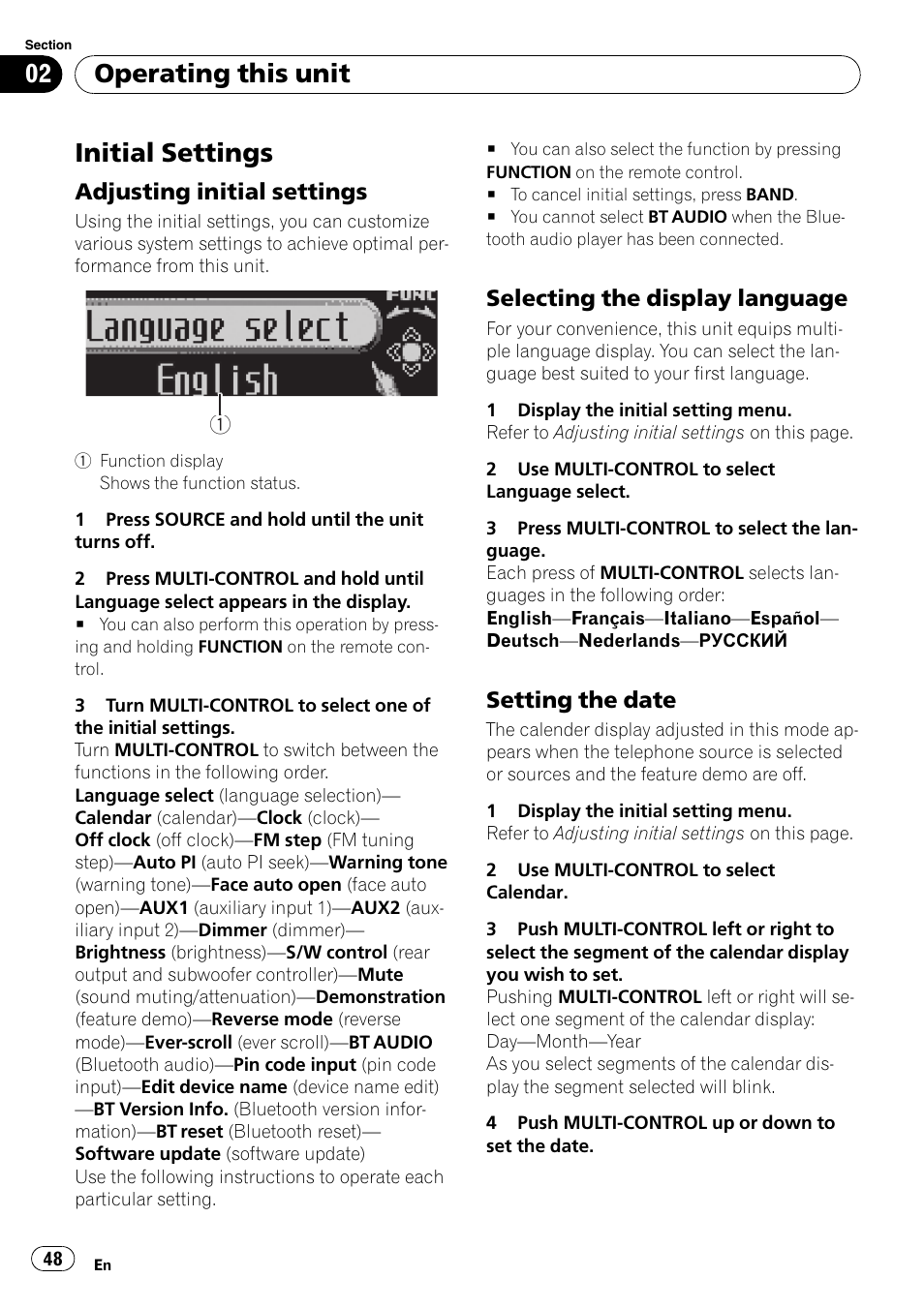 Initial settings, Adjusting initial settings 48, Selecting the display language 48 | Setting the date 48, Operating this unit, Adjusting initial settings, Selecting the display language, Setting the date | Pioneer DEH-P800BT User Manual | Page 48 / 148