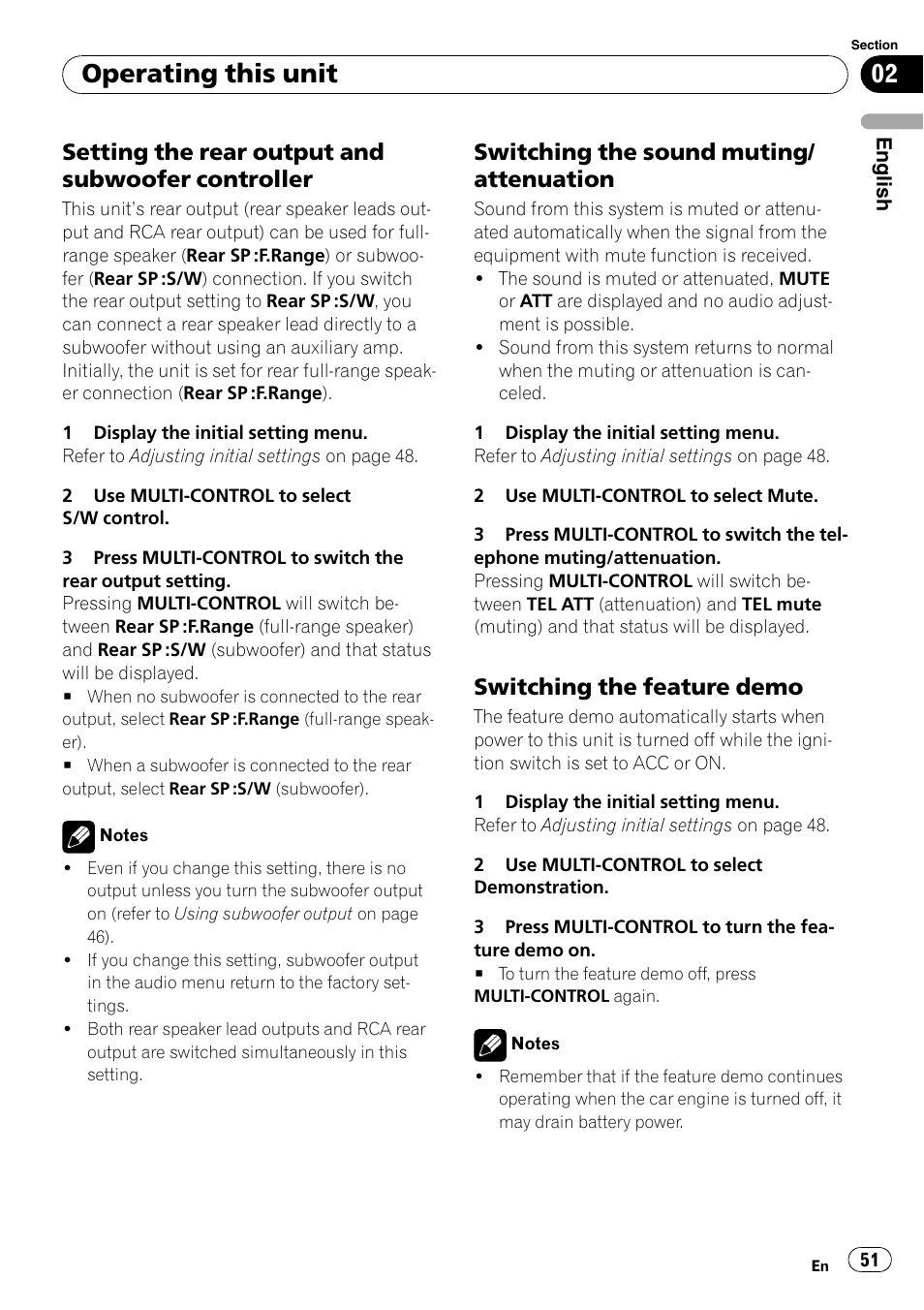 Setting the rear output and subwoofer, Controller, Switching the sound muting | Attenuation, Switching the feature demo 51, Operating this unit, Setting the rear output and subwoofer controller, Switching the sound muting/ attenuation, Switching the feature demo | Pioneer DEH-P800BT User Manual | Page 51 / 148