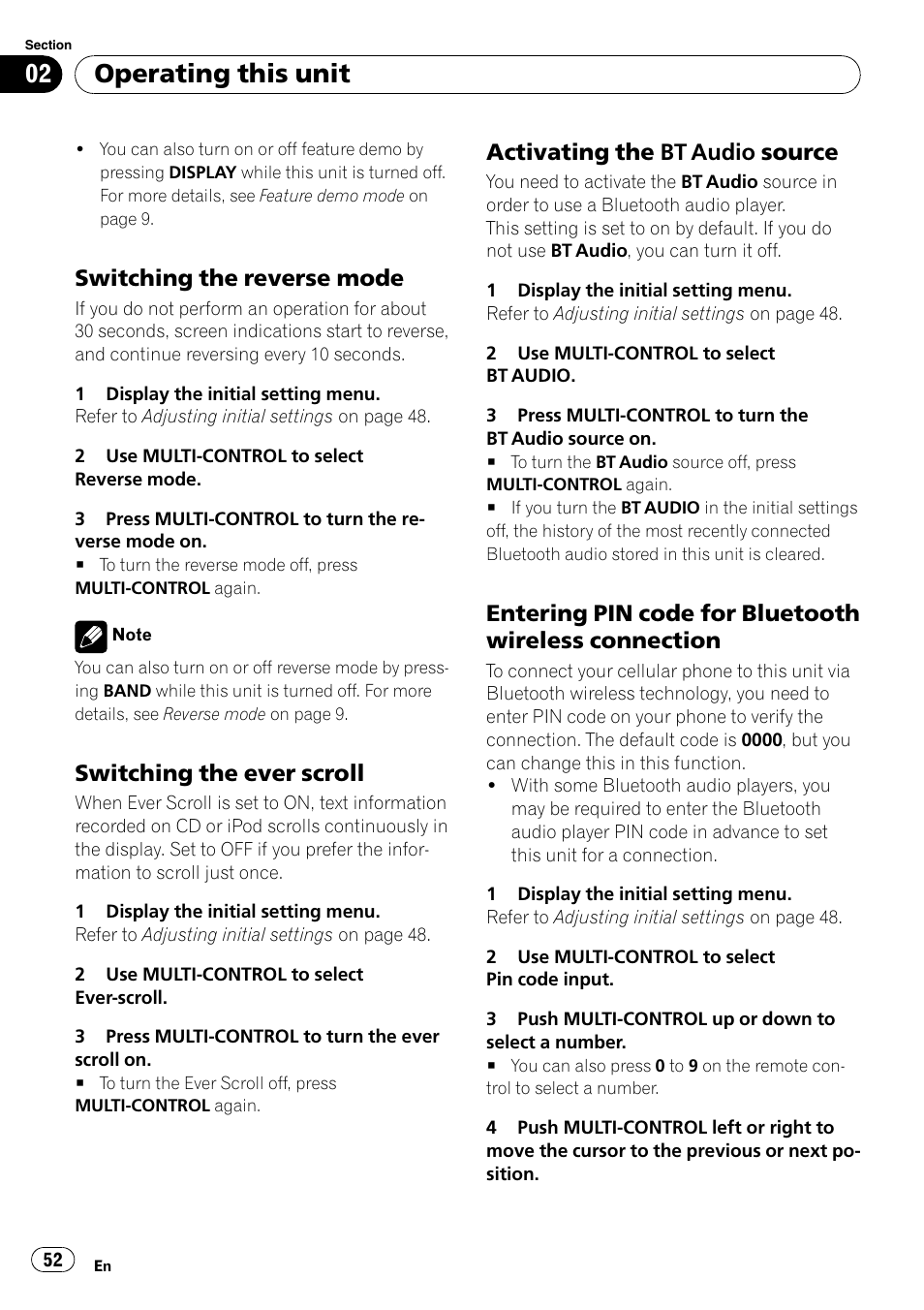 Switching the reverse mode 52, Switching the ever scroll 52, Activating the bt audio source 52 | Entering pin code for bluetooth, Wireless connection, Activating the, Bt audio source on, Operating this unit, Switching the reverse mode, Switching the ever scroll | Pioneer DEH-P800BT User Manual | Page 52 / 148