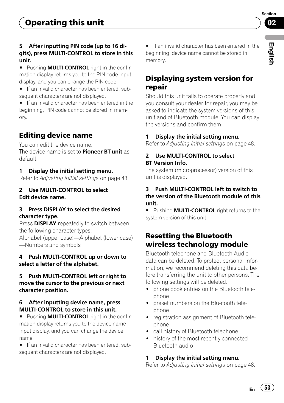 Editing device name 53, Displaying system version for, Repair | Resetting the bluetooth wireless, Technology module, Operating this unit, Editing device name, Displaying system version for repair, Resetting the bluetooth wireless technology module | Pioneer DEH-P800BT User Manual | Page 53 / 148