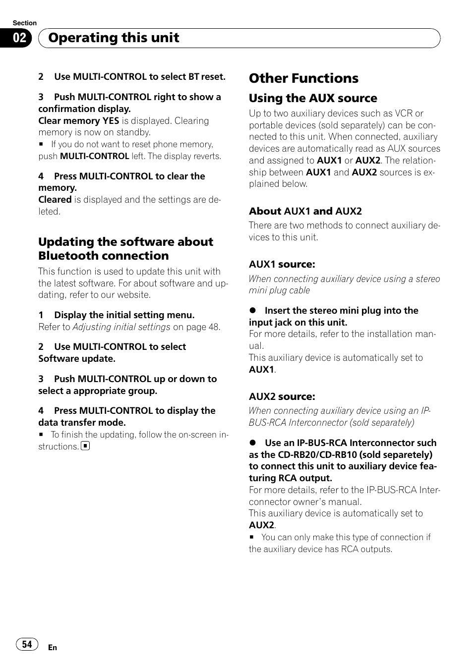 Updating the software about bluetooth, Connection, Other functions | Using the aux source 54, Operating this unit, Updating the software about bluetooth connection, Using the aux source | Pioneer DEH-P800BT User Manual | Page 54 / 148