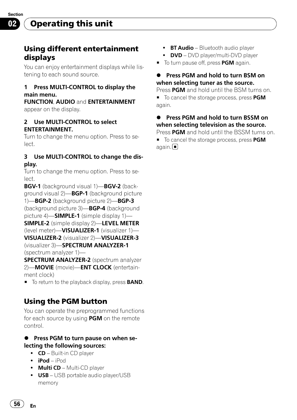 Using different entertainment, Displays, Using the pgm button 56 | Operating this unit, Using different entertainment displays, Using the pgm button | Pioneer DEH-P800BT User Manual | Page 56 / 148