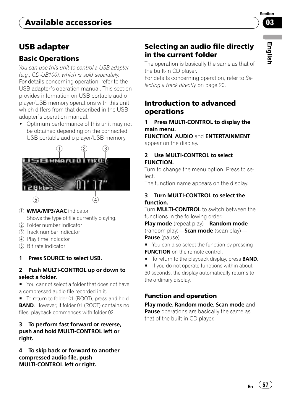 Available accessories usb adapter, Basic operations 57, Selecting an audio file directly in the | Current folder, Introduction to advanced, Operations, Usb adapter, Available accessories, Basic operations, Introduction to advanced operations | Pioneer DEH-P800BT User Manual | Page 57 / 148