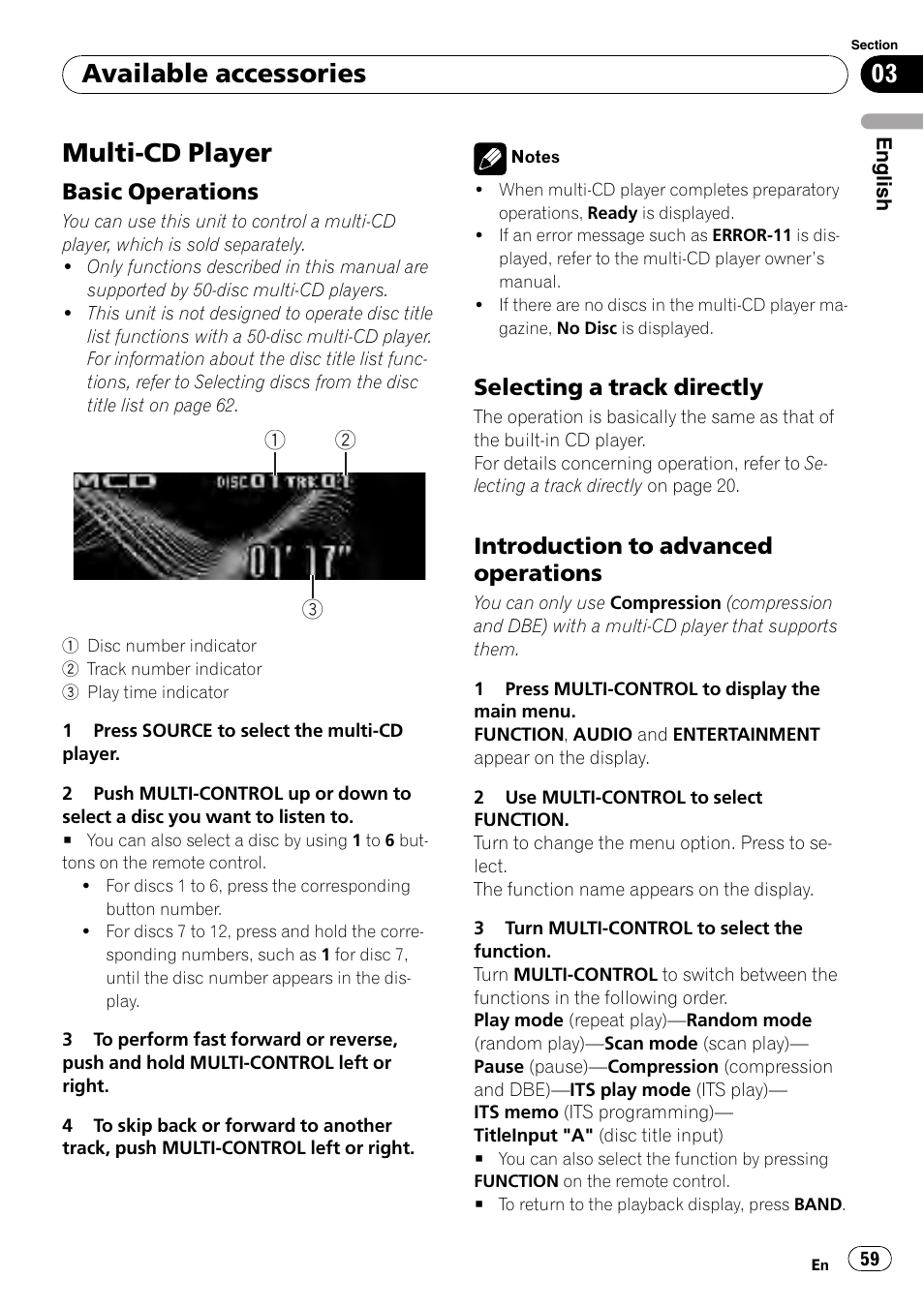 Multi-cd player, Basic operations 59, Selecting a track directly 59 | Introduction to advanced, Operations, Available accessories, Basic operations, Selecting a track directly, Introduction to advanced operations | Pioneer DEH-P800BT User Manual | Page 59 / 148