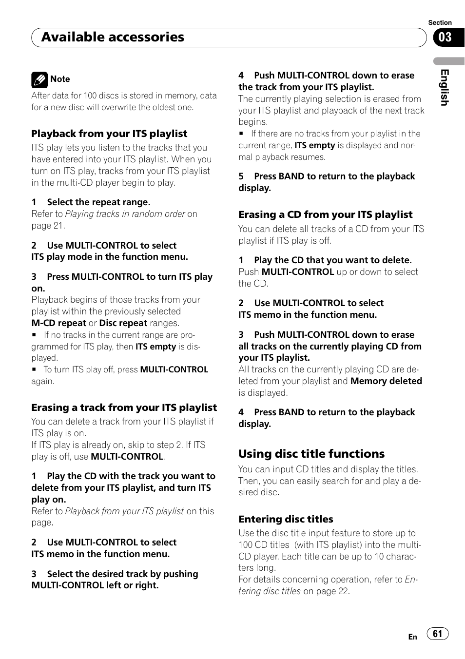 Using disc title functions 61, Available accessories, Using disc title functions | Pioneer DEH-P800BT User Manual | Page 61 / 148